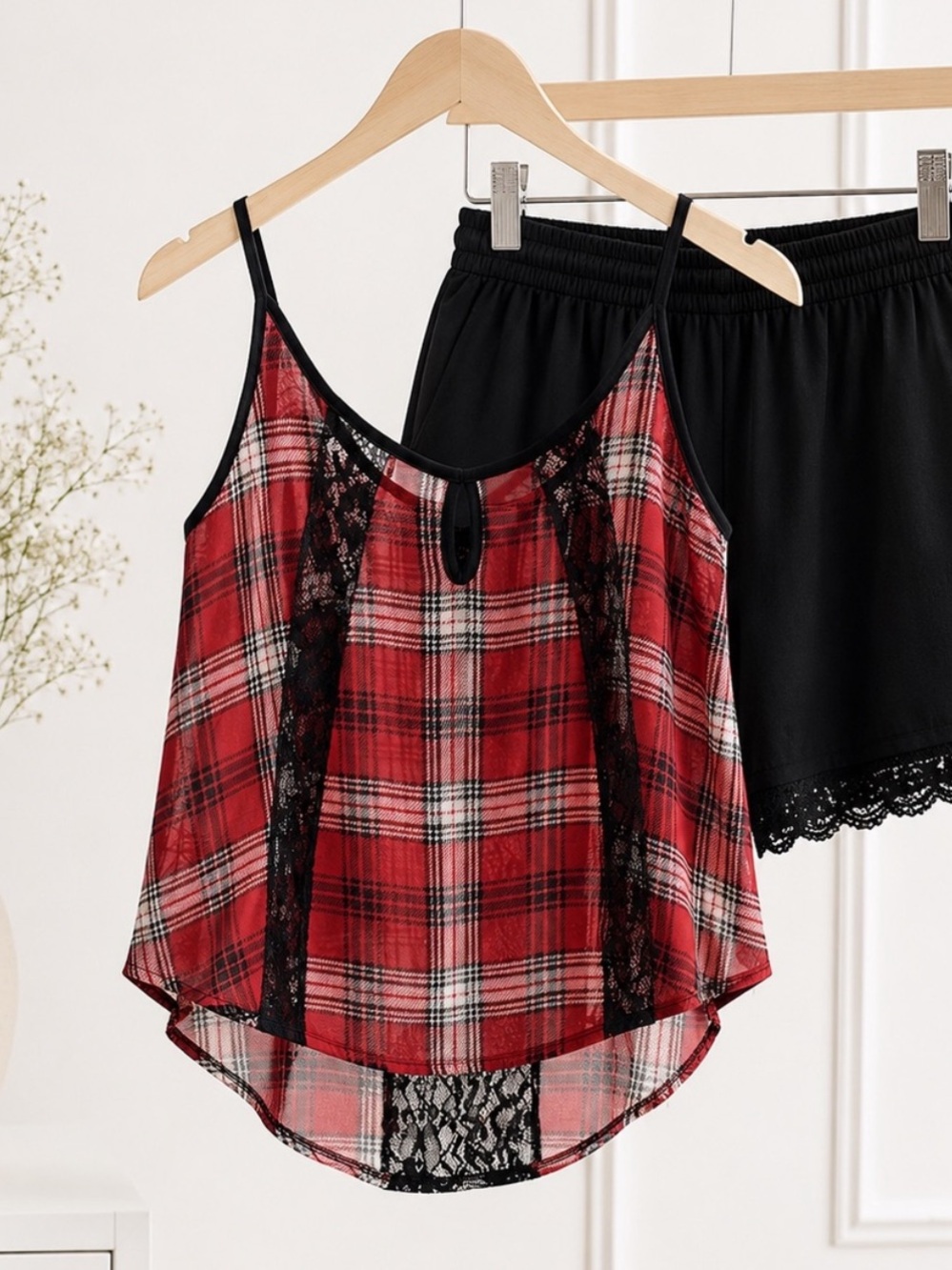 Lush Plaid Lace Sheer Flowy Spaghetti  Tank Top Black & Red Size Small